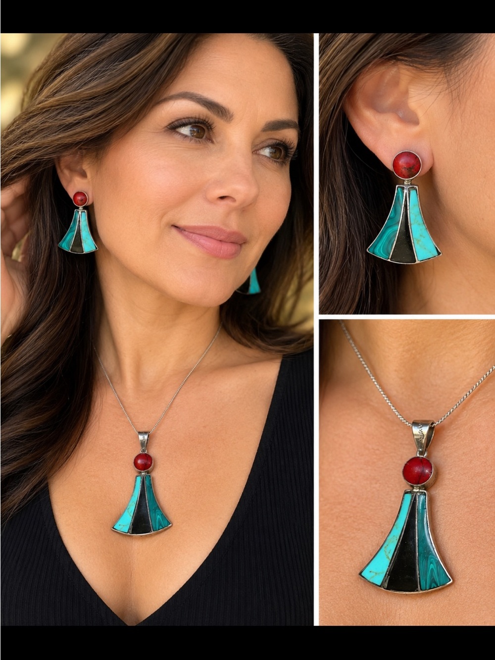 Beautiful Turquoise & Red Coral 925
Silver Jewelry Set.